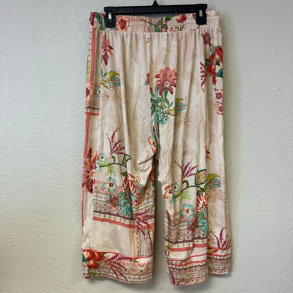 Johnny Was Printed Cotton Lounge Set Button Up Top Wide Leg Pants Rose M - Picture 7 of 9